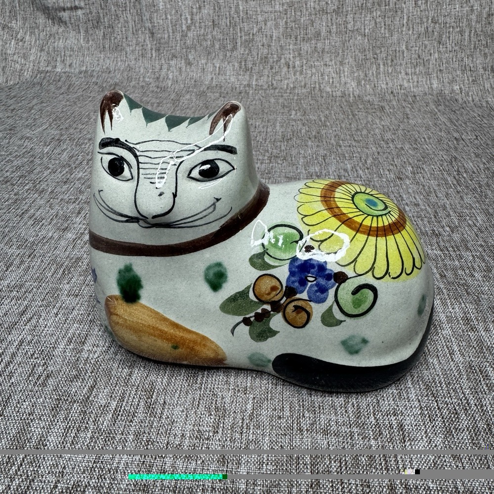 Tonala Blue Floral Cat Figurine Hand Painted Mexican Folk Art Pottery Mexico